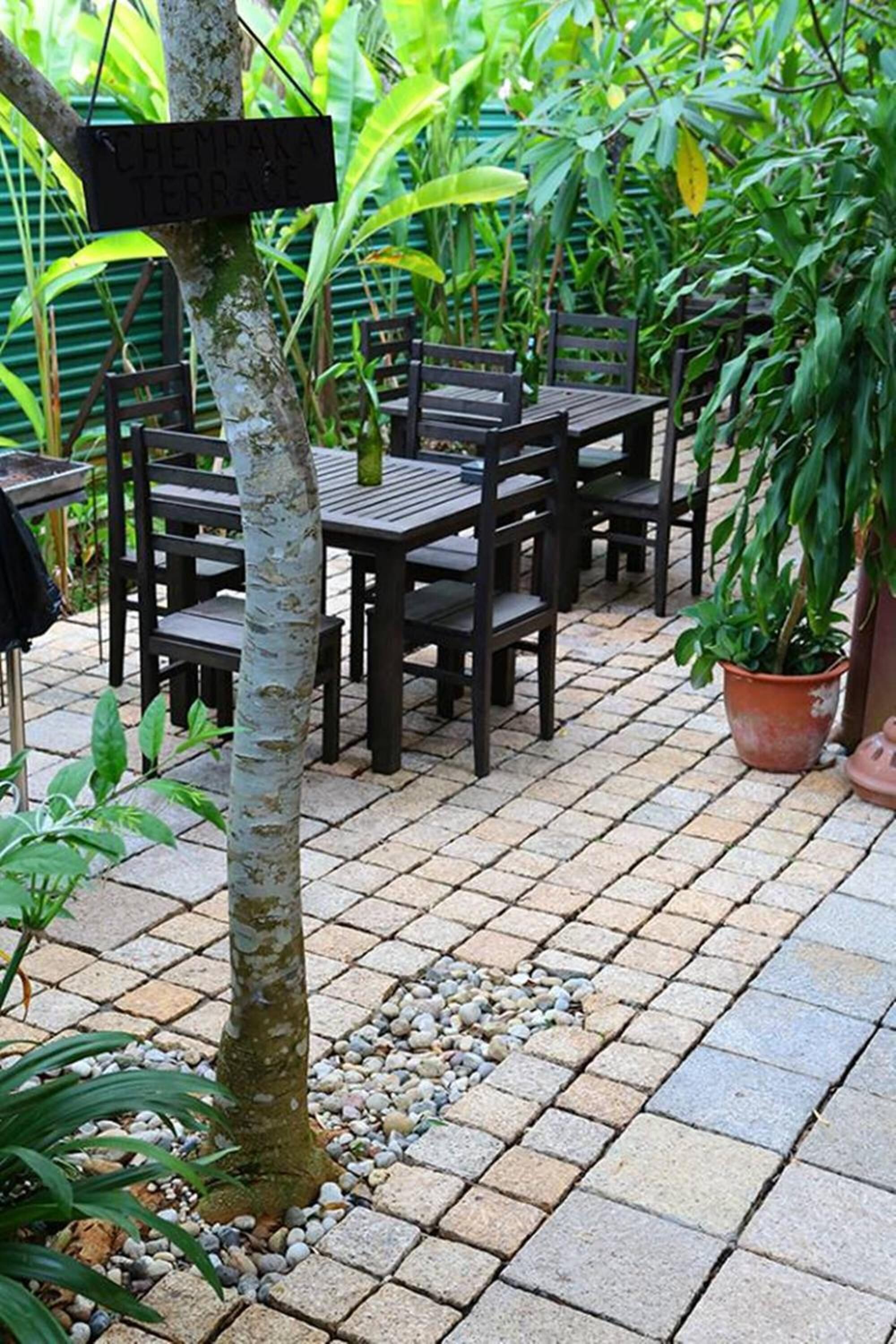 A terrace with wooden tables and chairs, surrounded by potted plants and a small tree.
