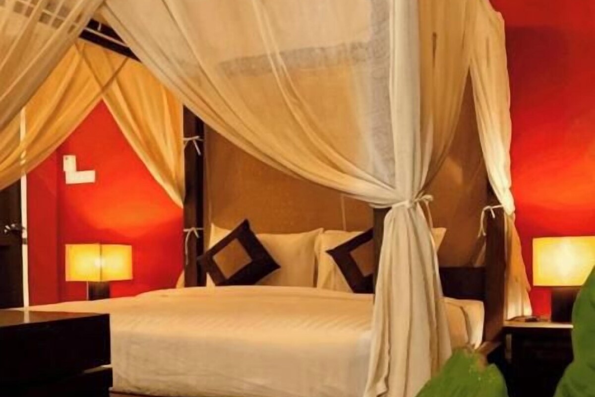 A bed with a canopy, two bedside lamps, and a red wall.