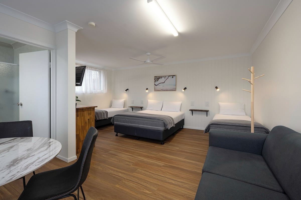 A modern, well-lit room with a bed, a sofa, a dining table, and a chair.
