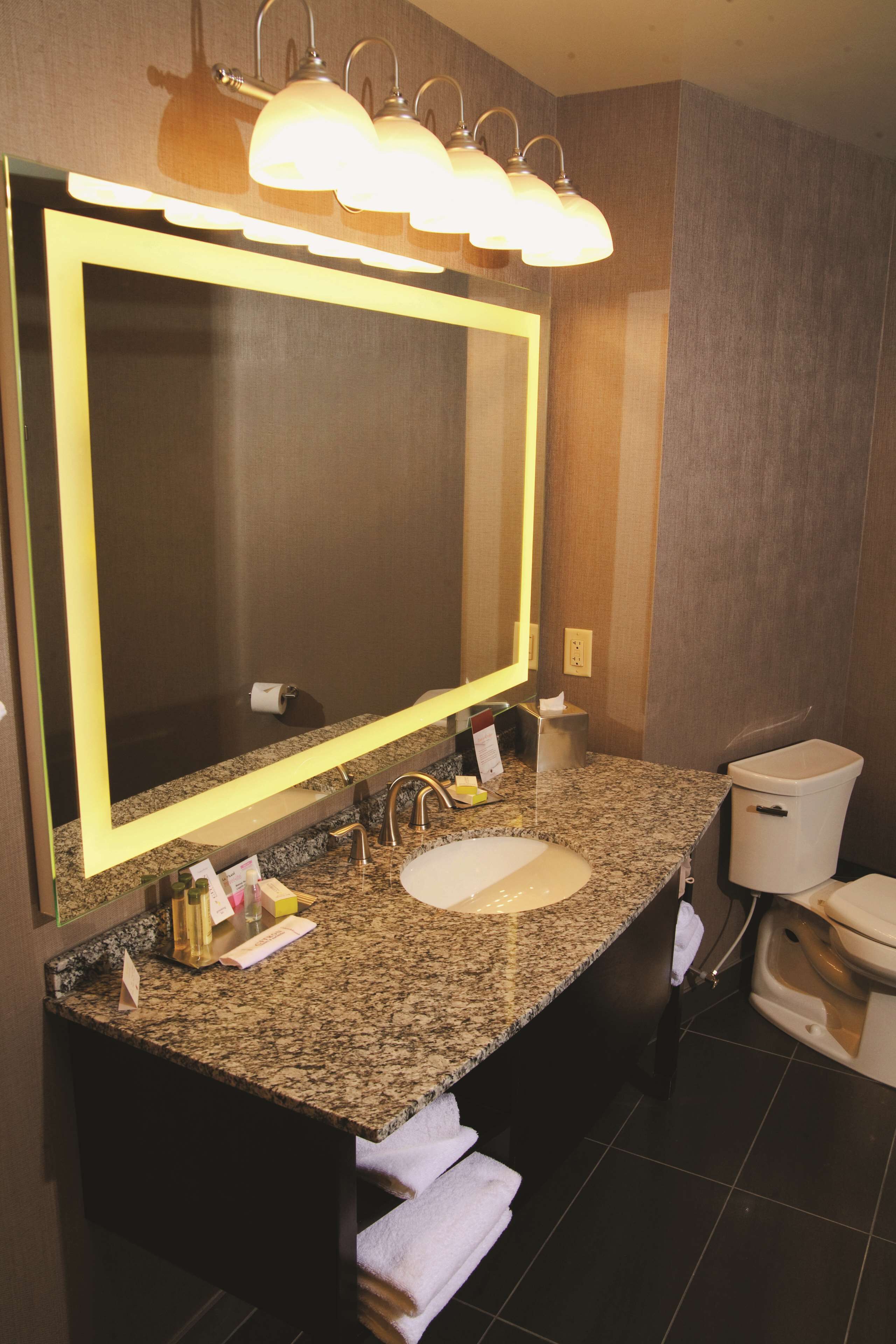 A modern bathroom with a large mirror, granite countertop, dual sinks, and a toilet.