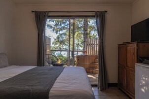 Un dormitorio con cama, televisor, aparador de madera y balcón con vistas a árboles y una masa de agua.
