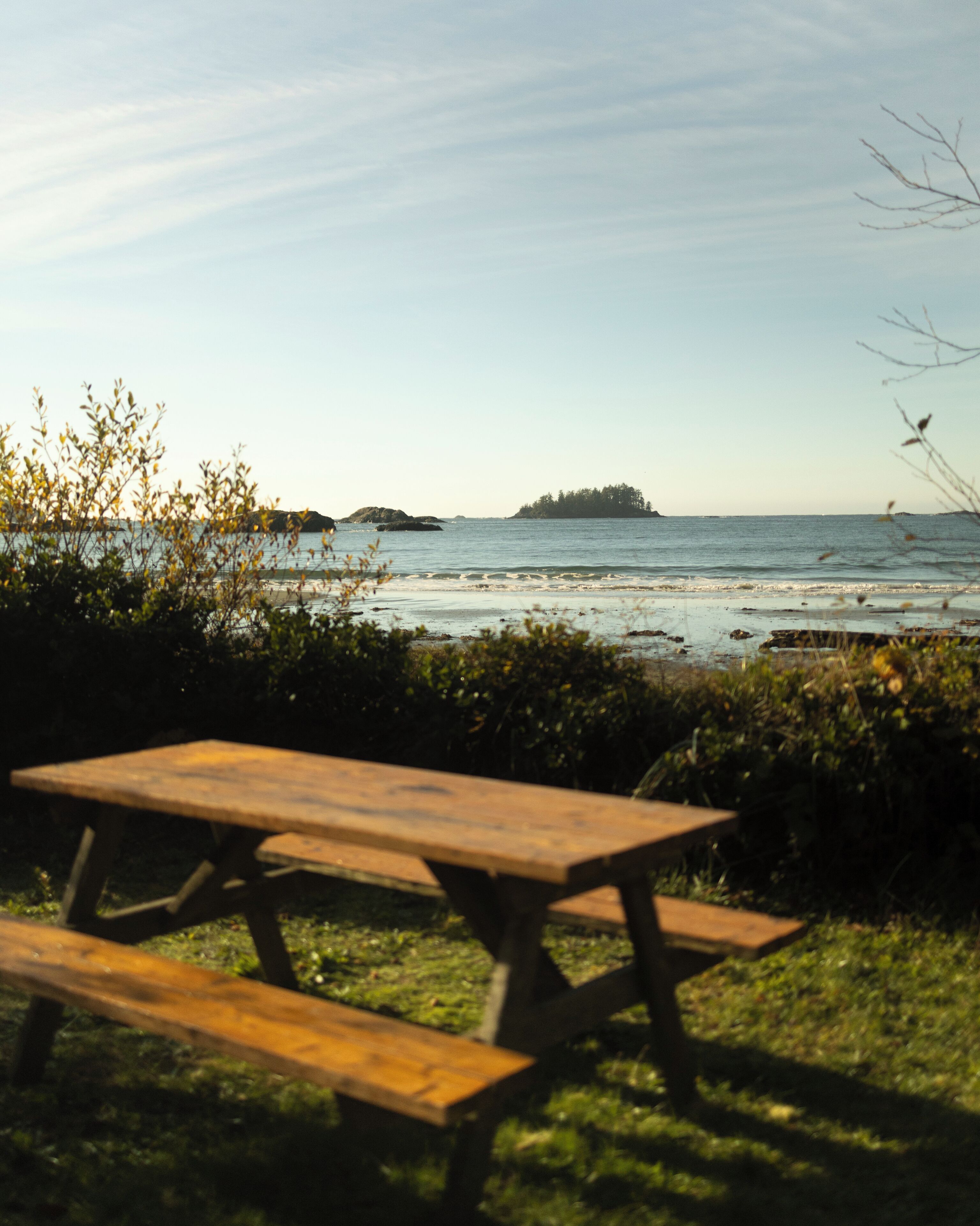 A wooden picnic table with benches in a grassy area with a view of the sea and a small island in the distance.