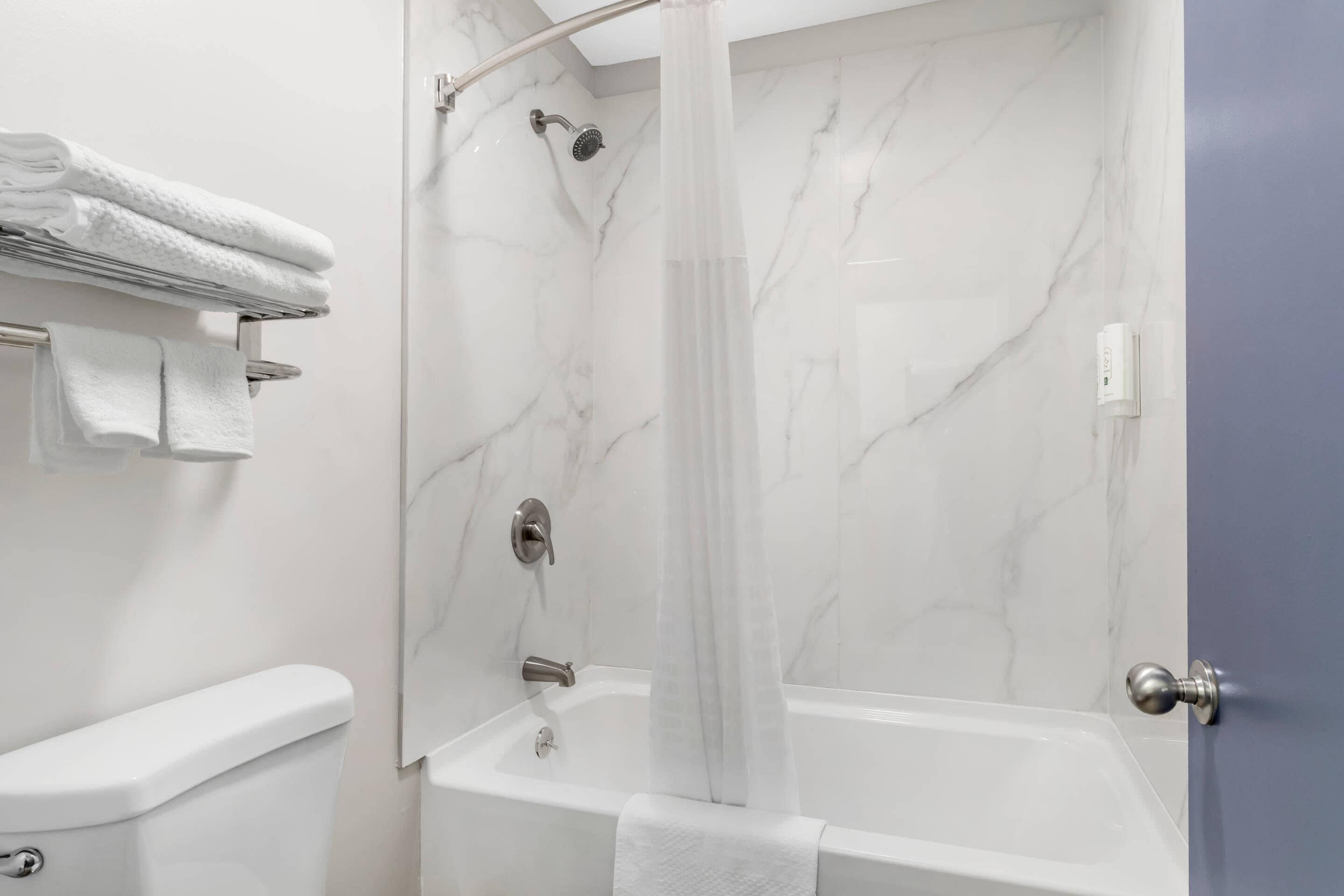 A modern bathroom with a glass-enclosed shower, a white toilet, and a bathtub.