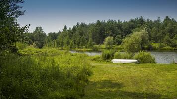 Un paisaje natural con una zona cubierta de hierba, un cuerpo de agua y un bosque al fondo.