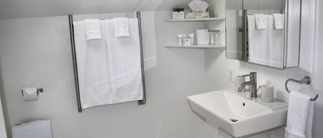 A bathroom with a white sink, a mirror, and two towel racks.