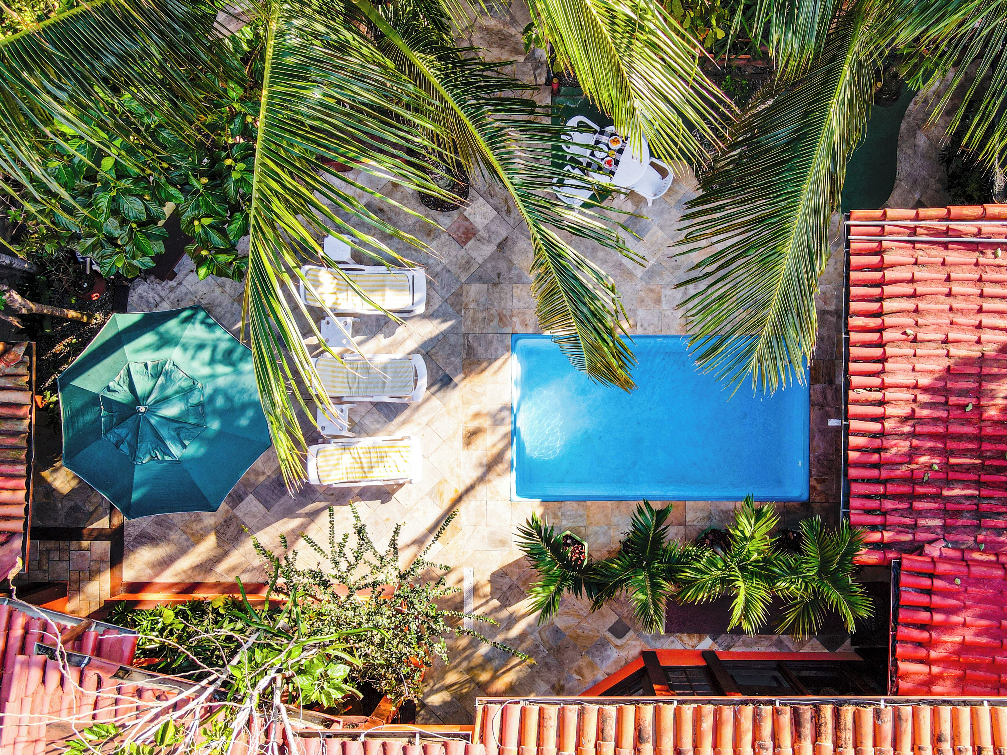 An aerial view of a rooftop pool area with lounge chairs, umbrellas, and palm trees.
