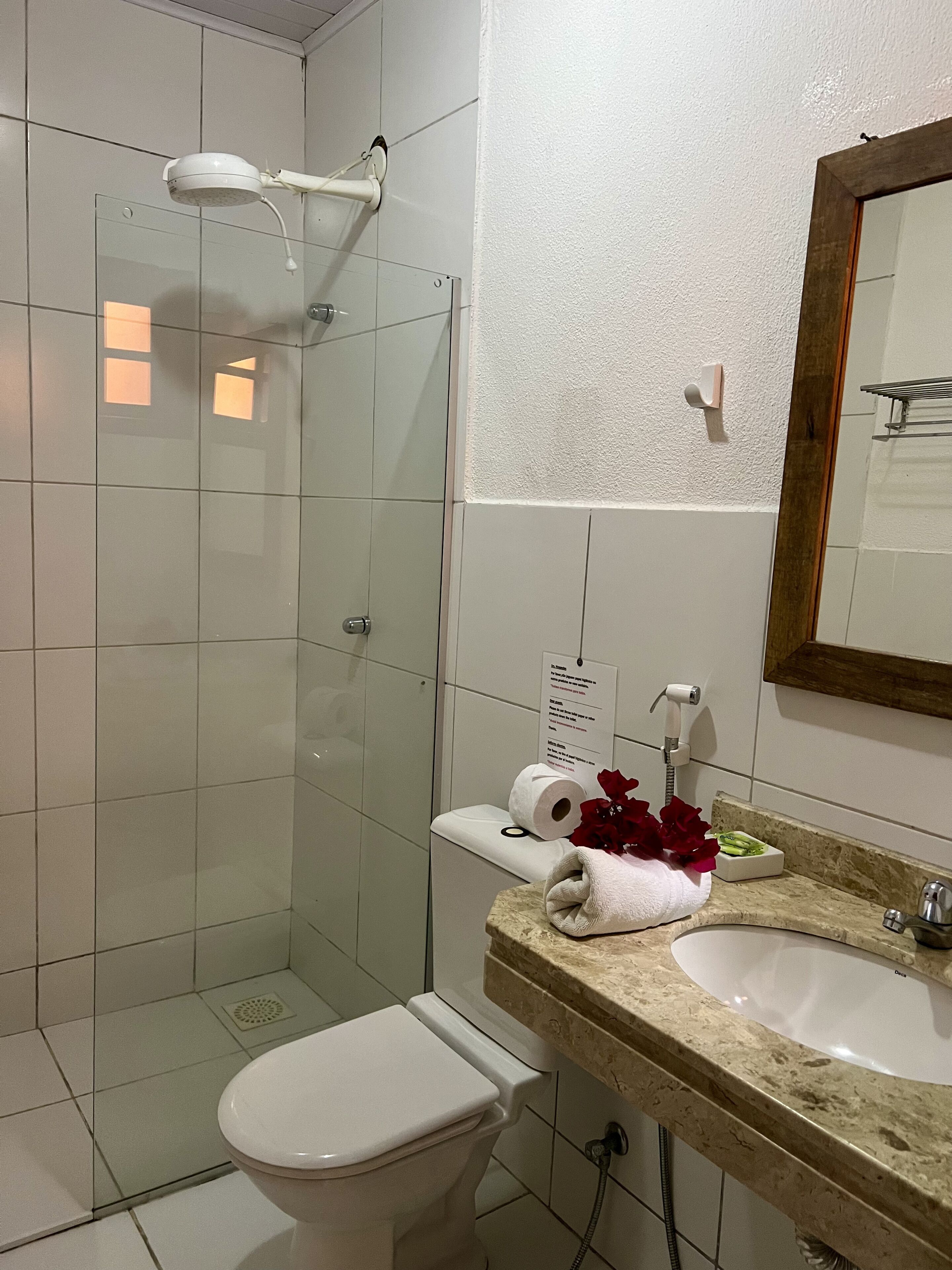 A bathroom with a shower, toilet, sink, and a mirror.