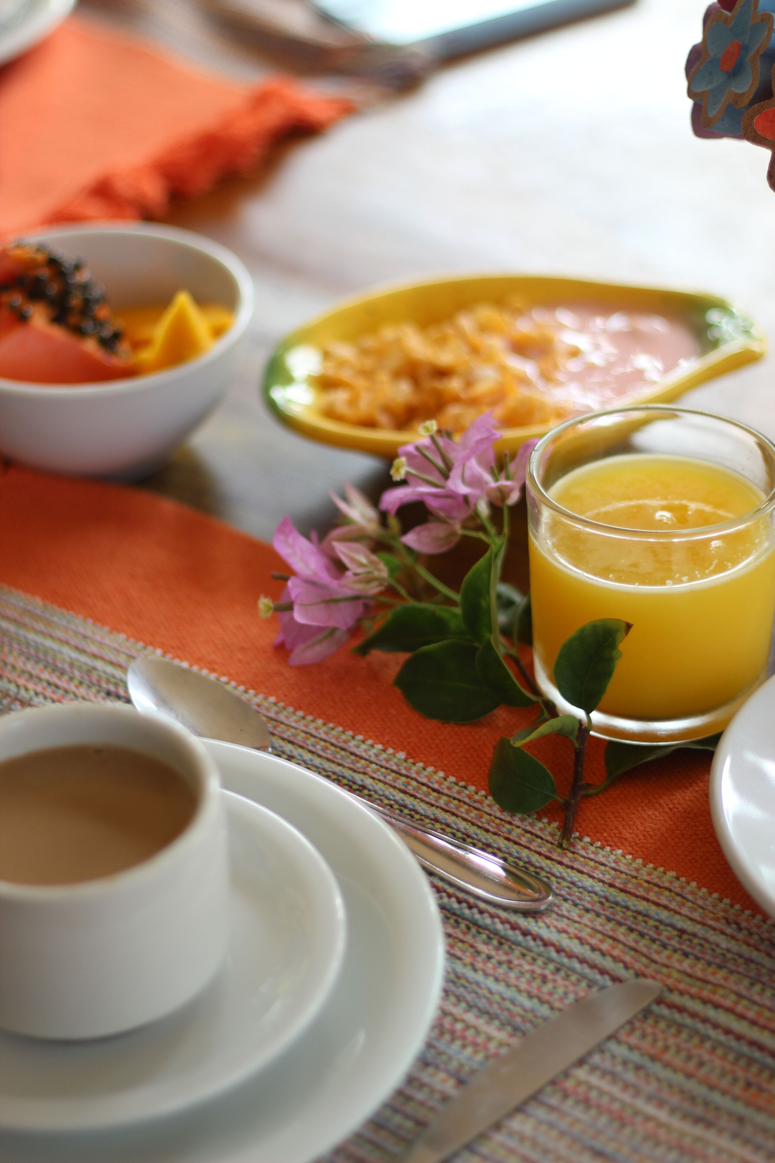 A breakfast setting with a glass of orange juice, a bowl of fruit, and a cup of coffee on a table with a colorful placemat.