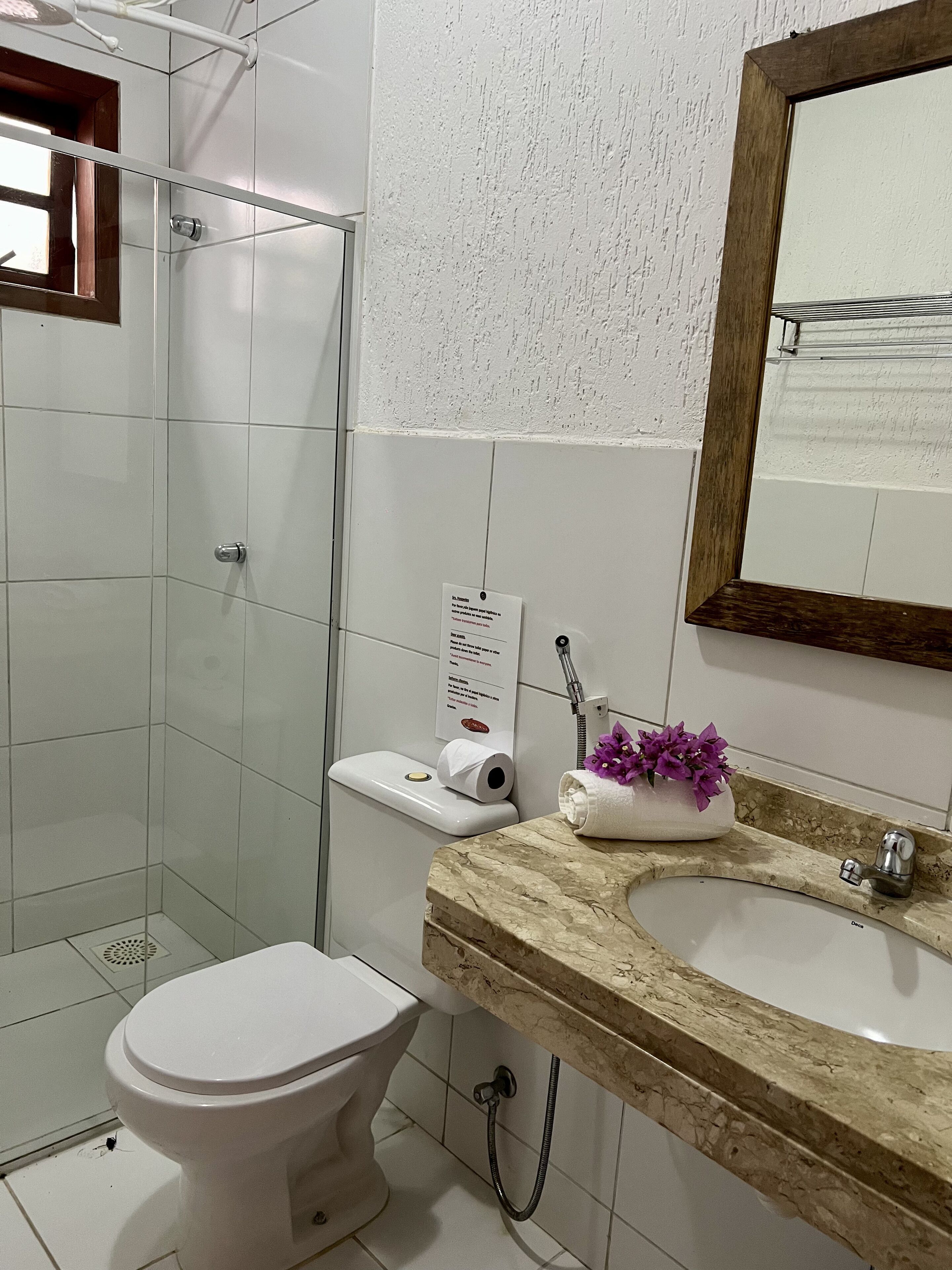 A bathroom with a toilet, a shower enclosure, a sink with a marble countertop, and a mirror with a wooden frame.