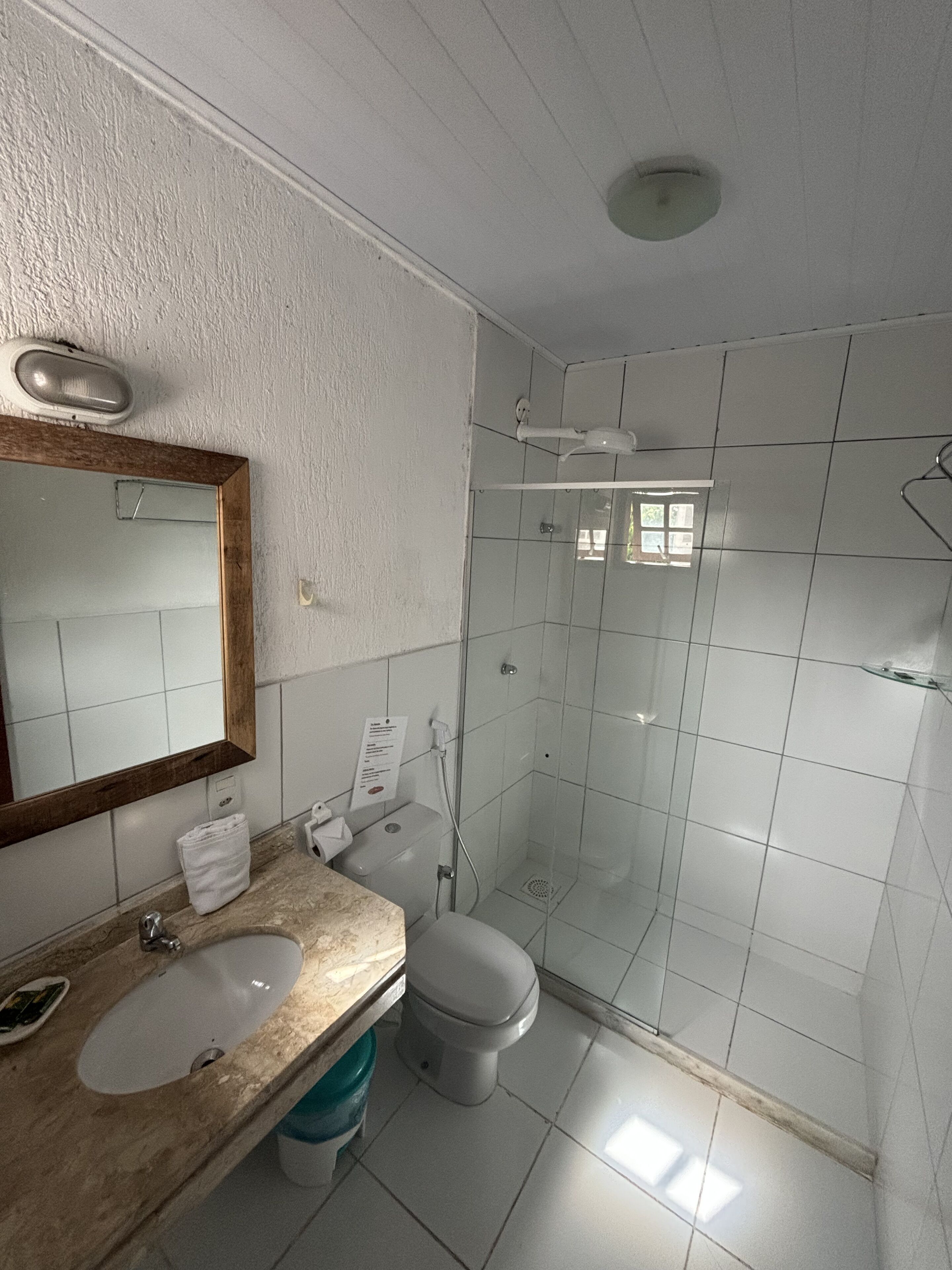 Een badkamer met wastafel, toilet en douche.