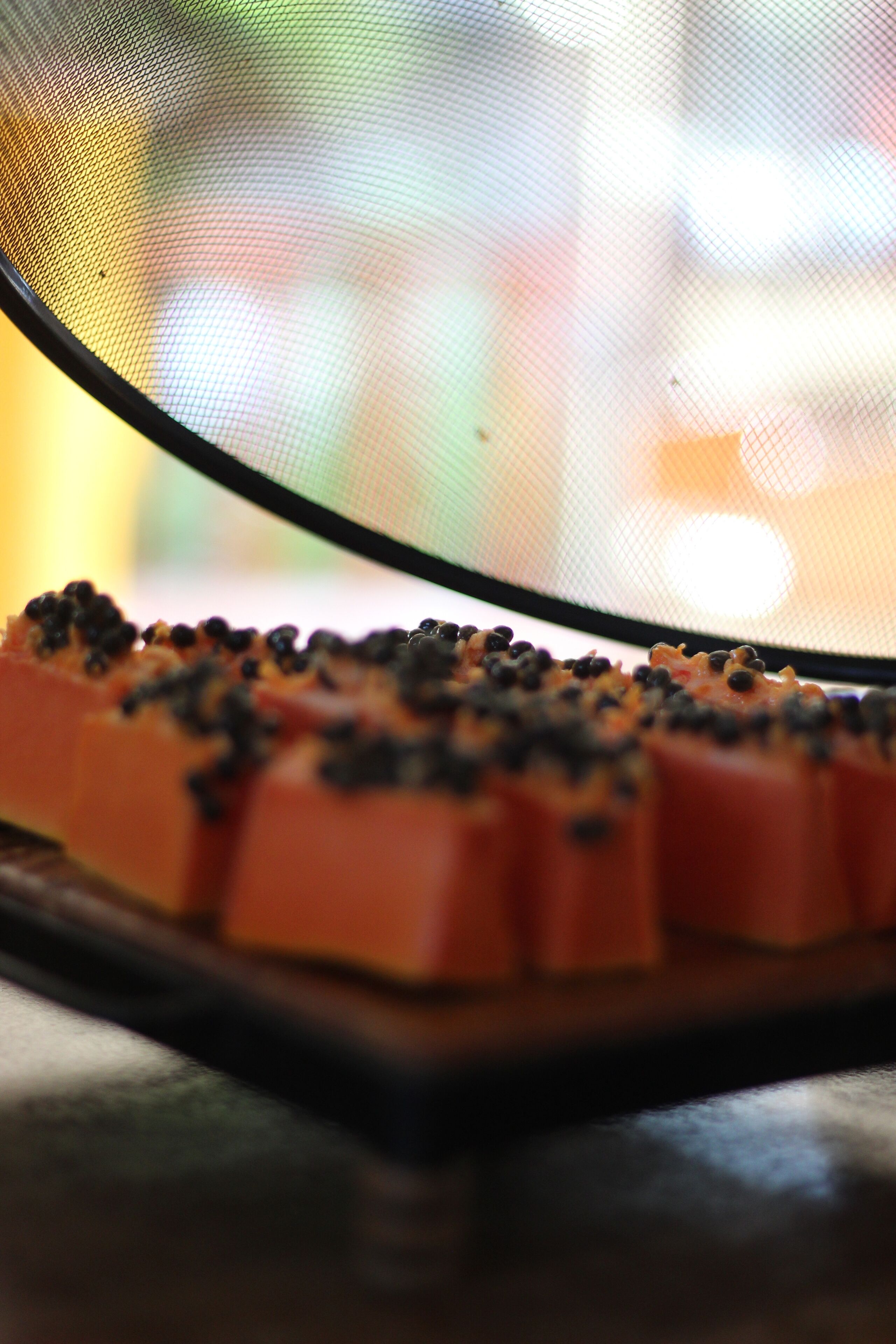 A close-up of a food item with a blurred background.