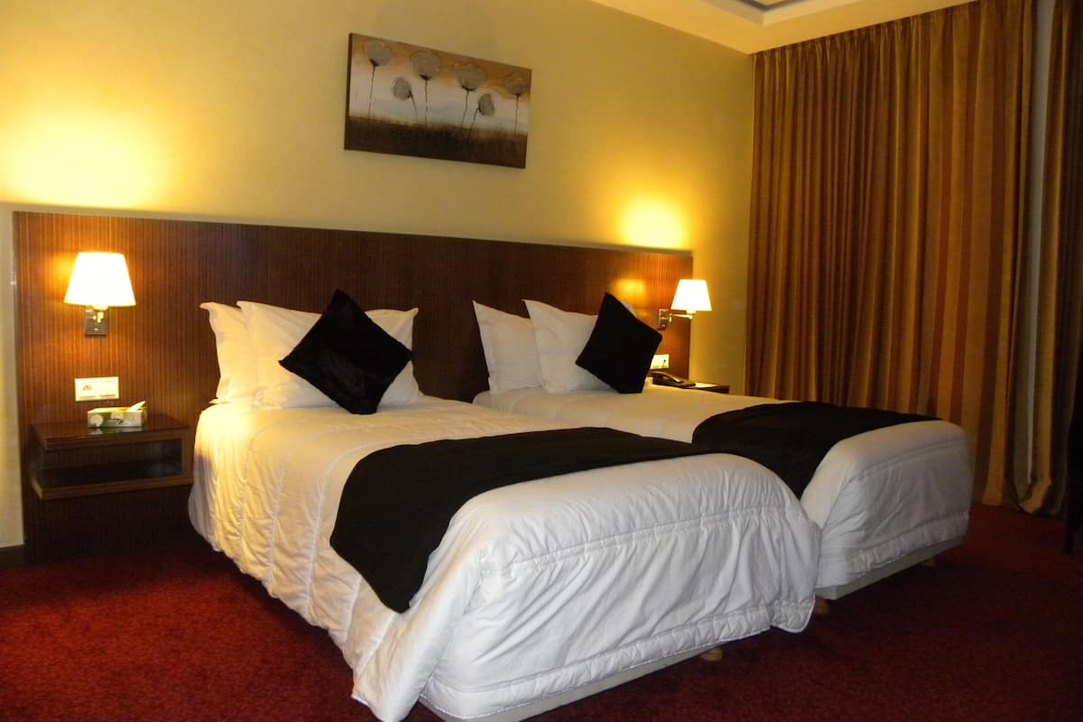 A double bed with white bedding and black throw pillows, flanked by nightstands with lamps, in a room with a red carpet and a painting above the bed.