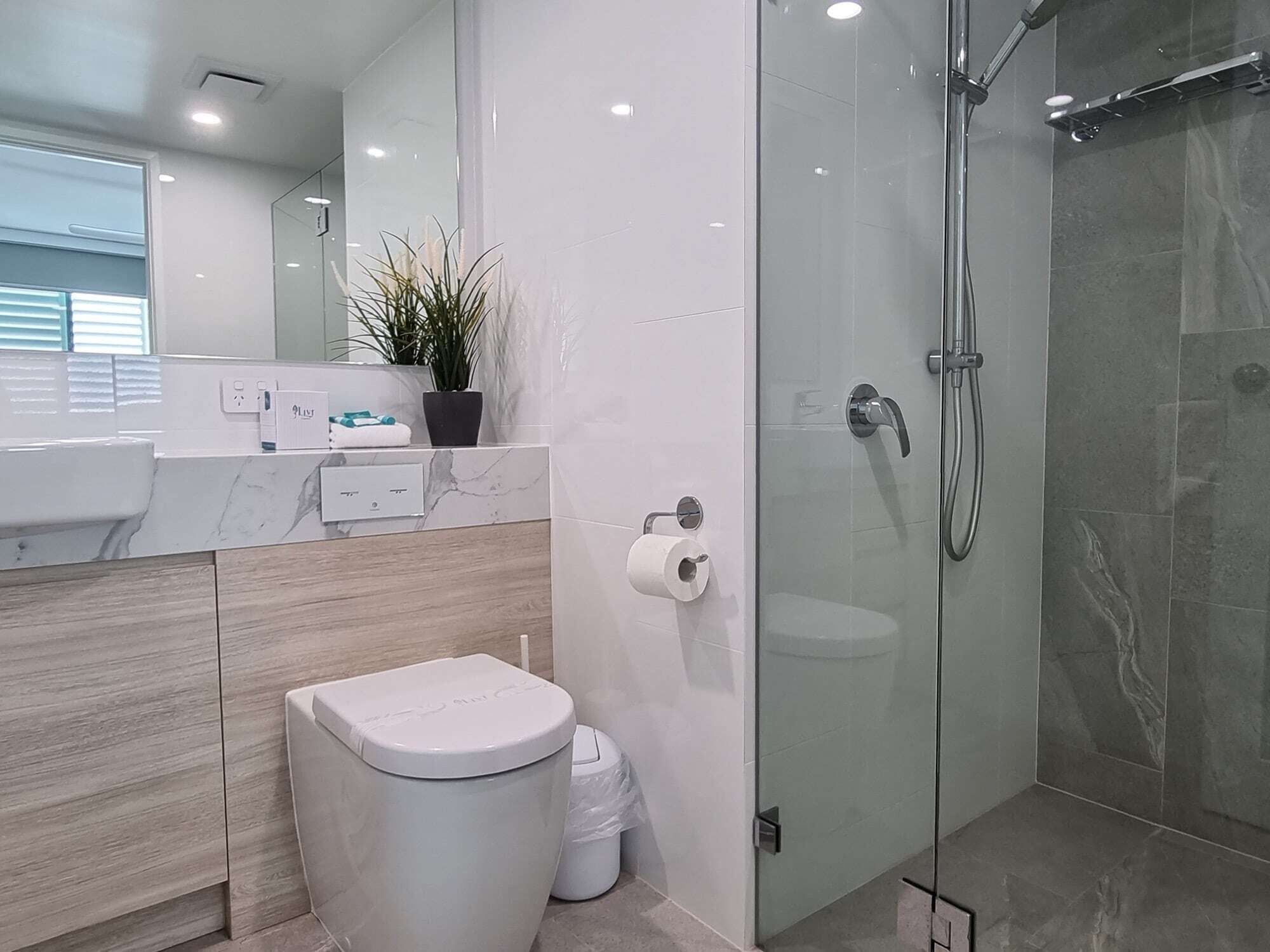A modern bathroom with a toilet, a glass shower enclosure, a sink, and a mirror.