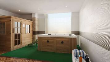 Bathroom features a bathtub, wooden cabinet, and artificial turf floor.