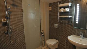 A modern bathroom with a glass shower enclosure, a toilet, and a sink with a mirror above it.