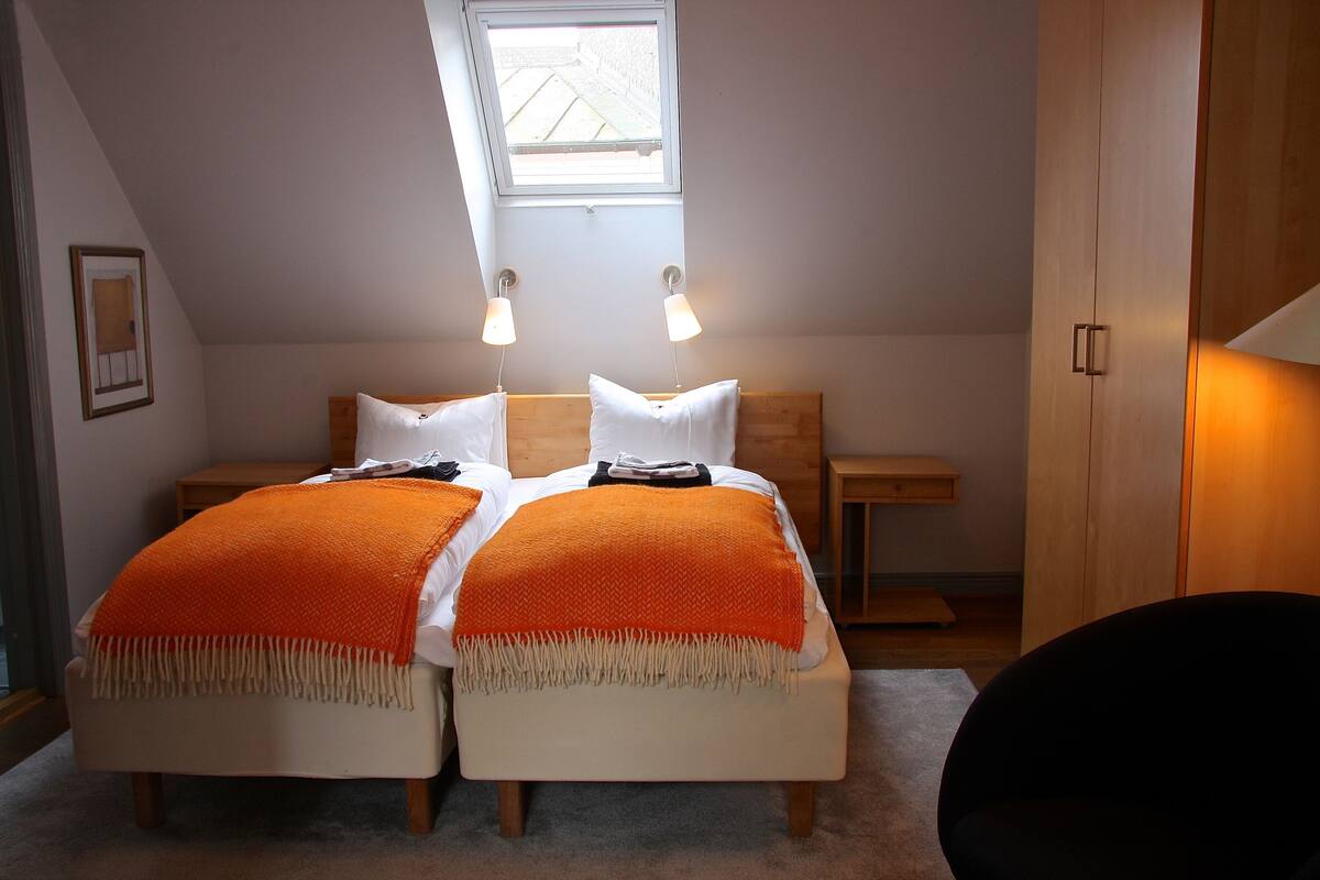 A bedroom with two beds, a skylight, bedside lamps, and a nightstand.
