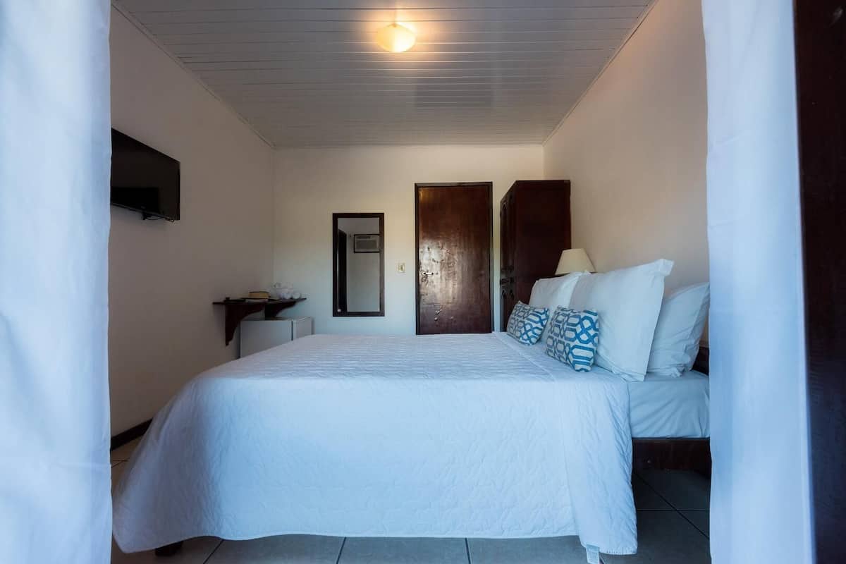 A bedroom with a bed, a desk, a chair, a mirror, and a door.