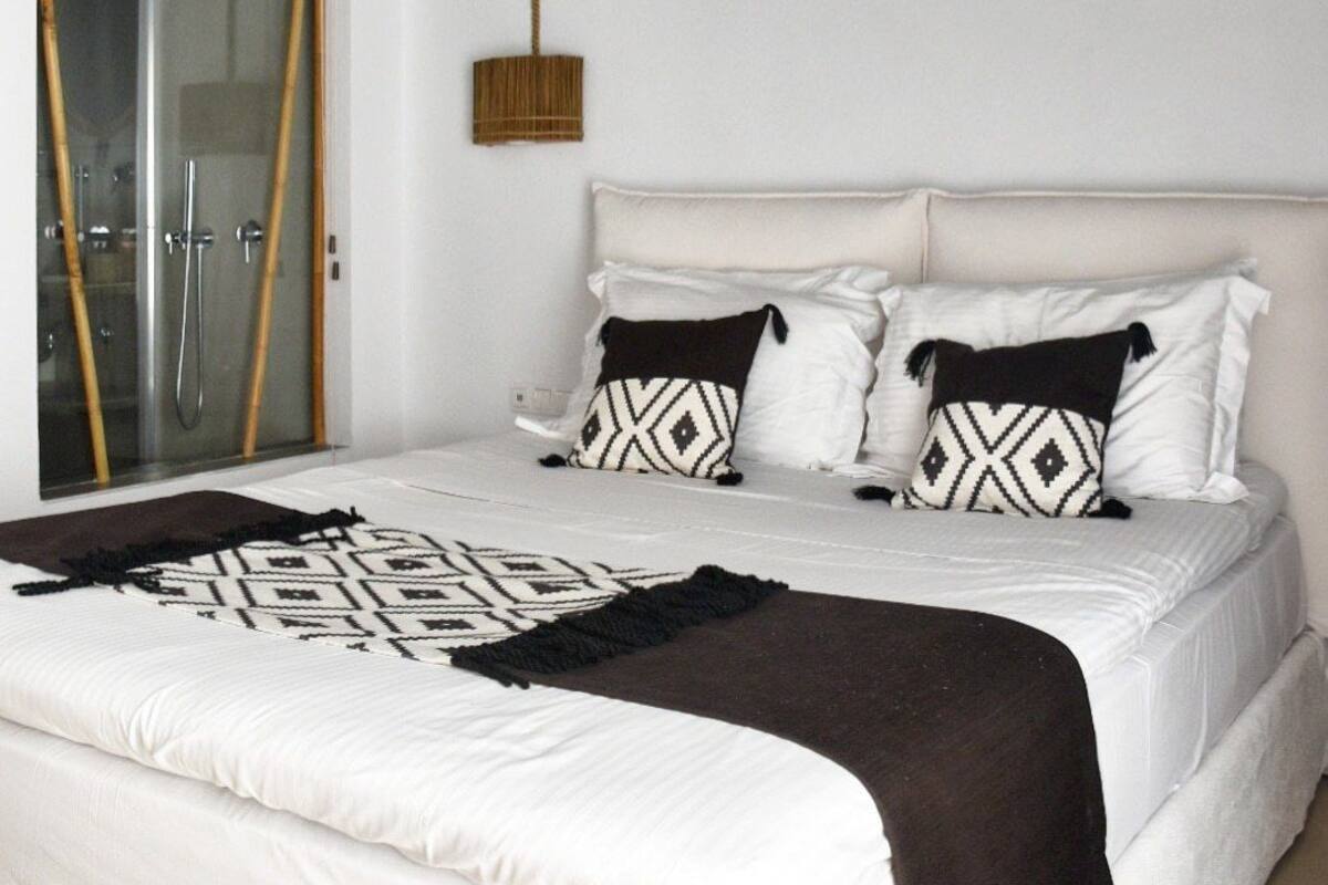 A bedroom with a large bed, white bedding, and two black and white patterned pillows.