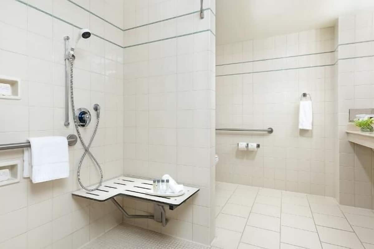 Accessible room, 1 Queen Bed | Bathroom | Combined shower/tub, hydromassage showerhead, free toiletries