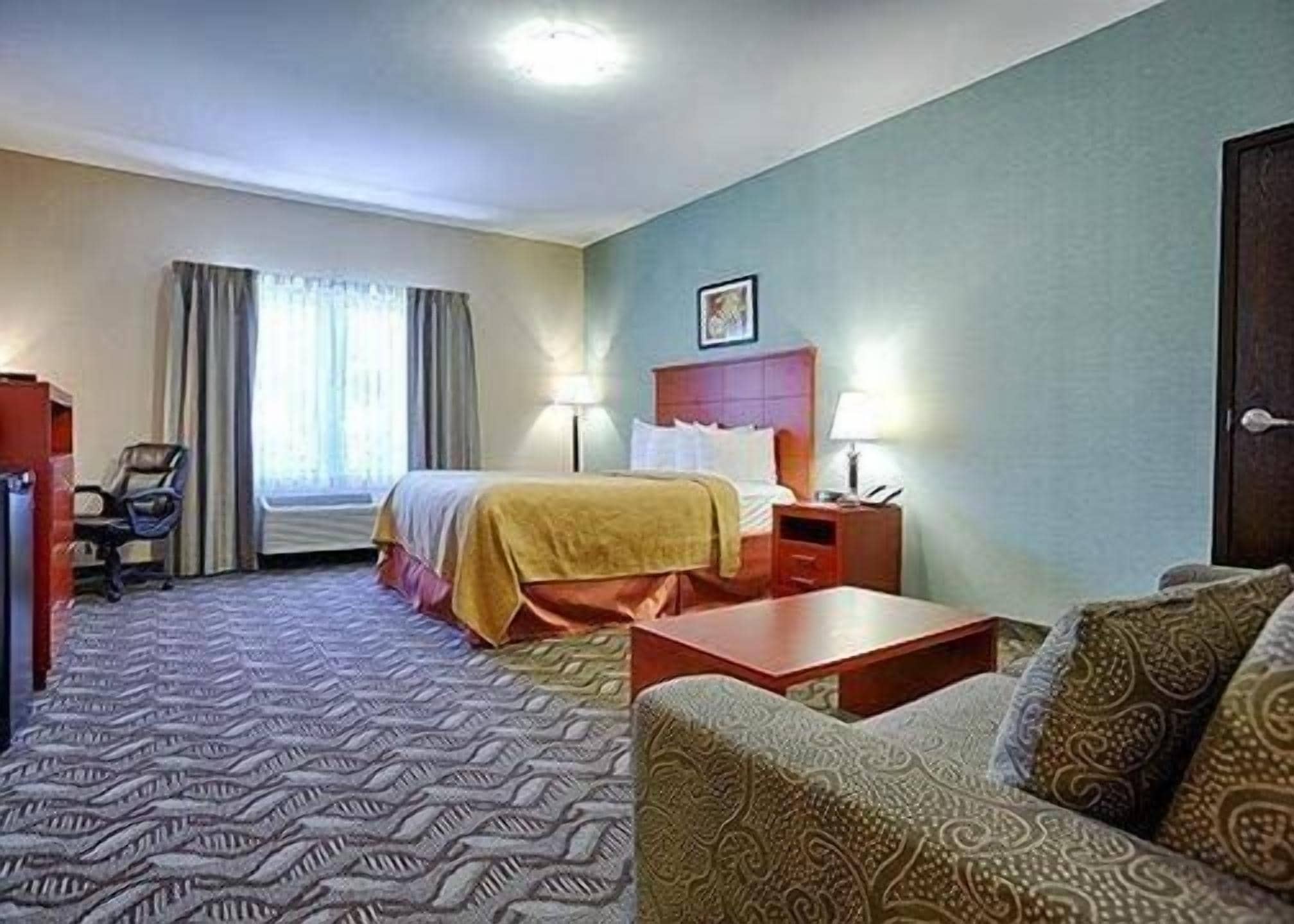A hotel room with a bed, a desk, a chair, a sofa, and a window with curtains.