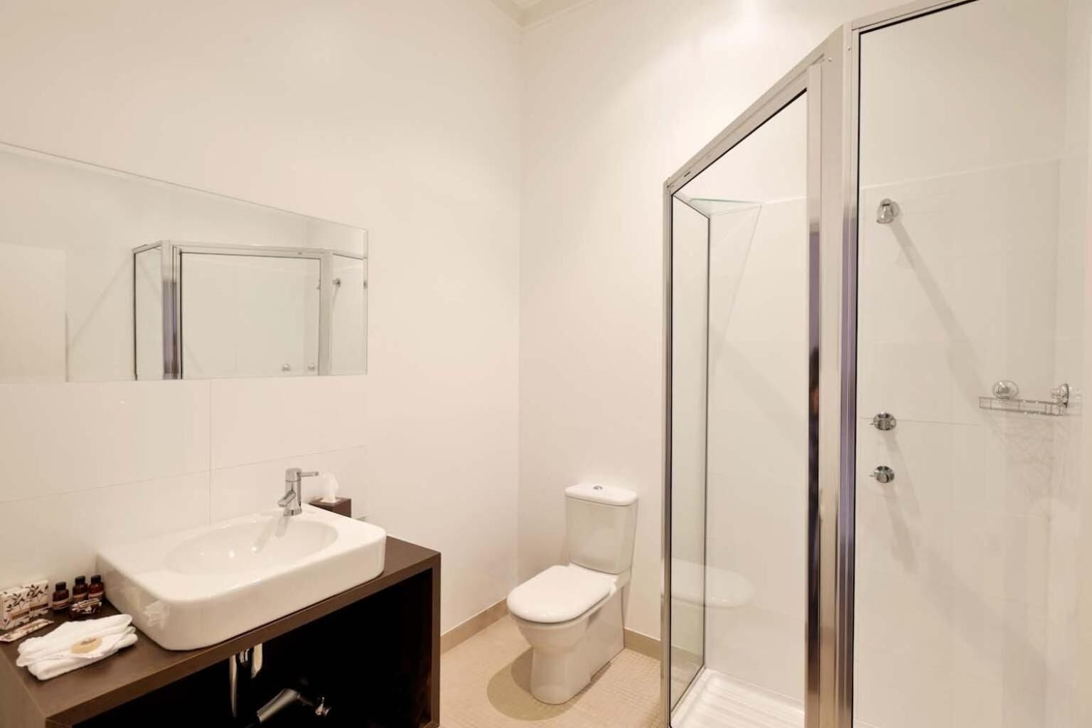 A modern bathroom with a large sink, toilet, and glass shower enclosure.