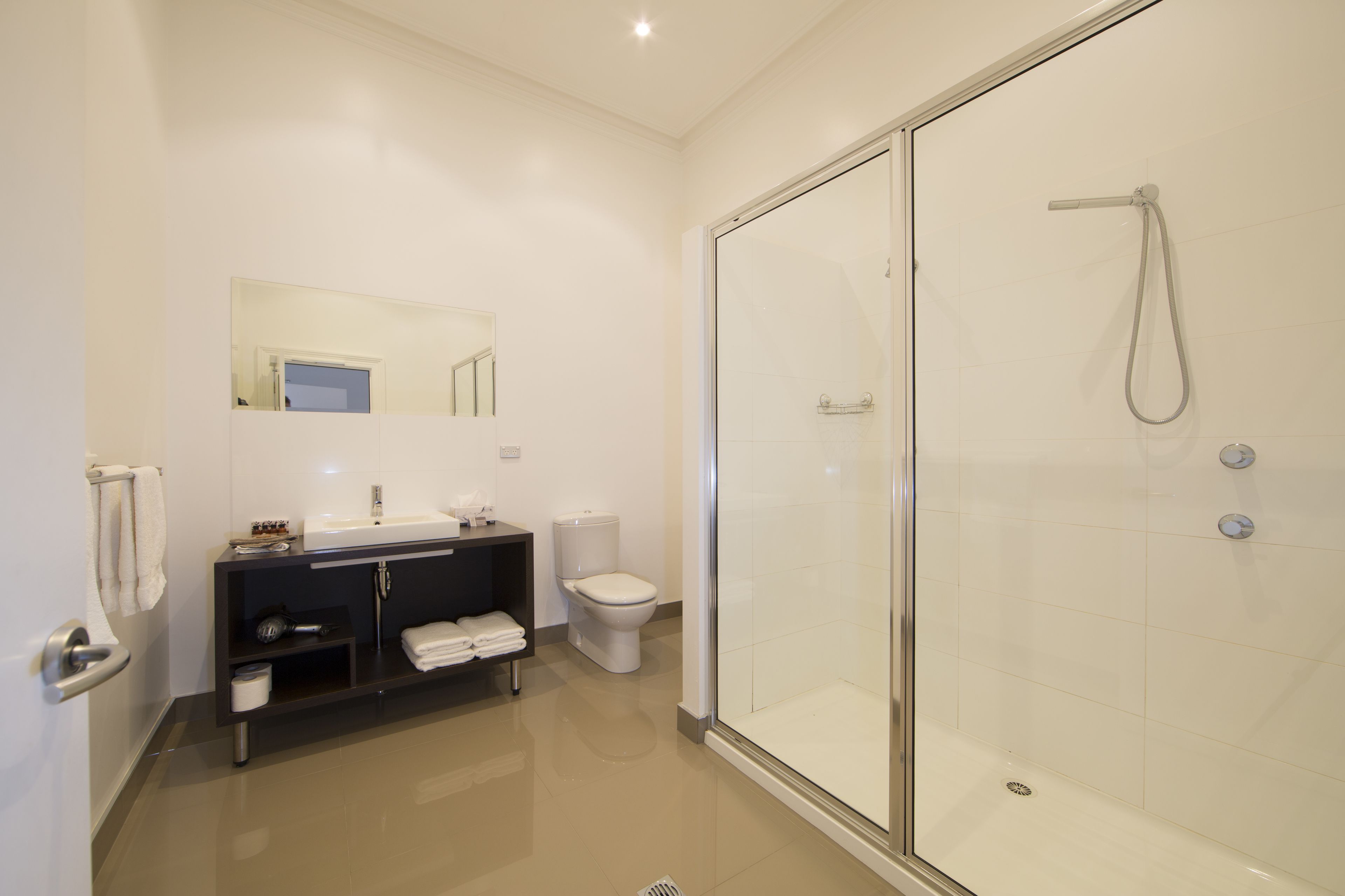 A modern bathroom with a glass-enclosed shower, a toilet, and a vanity with a mirror.
