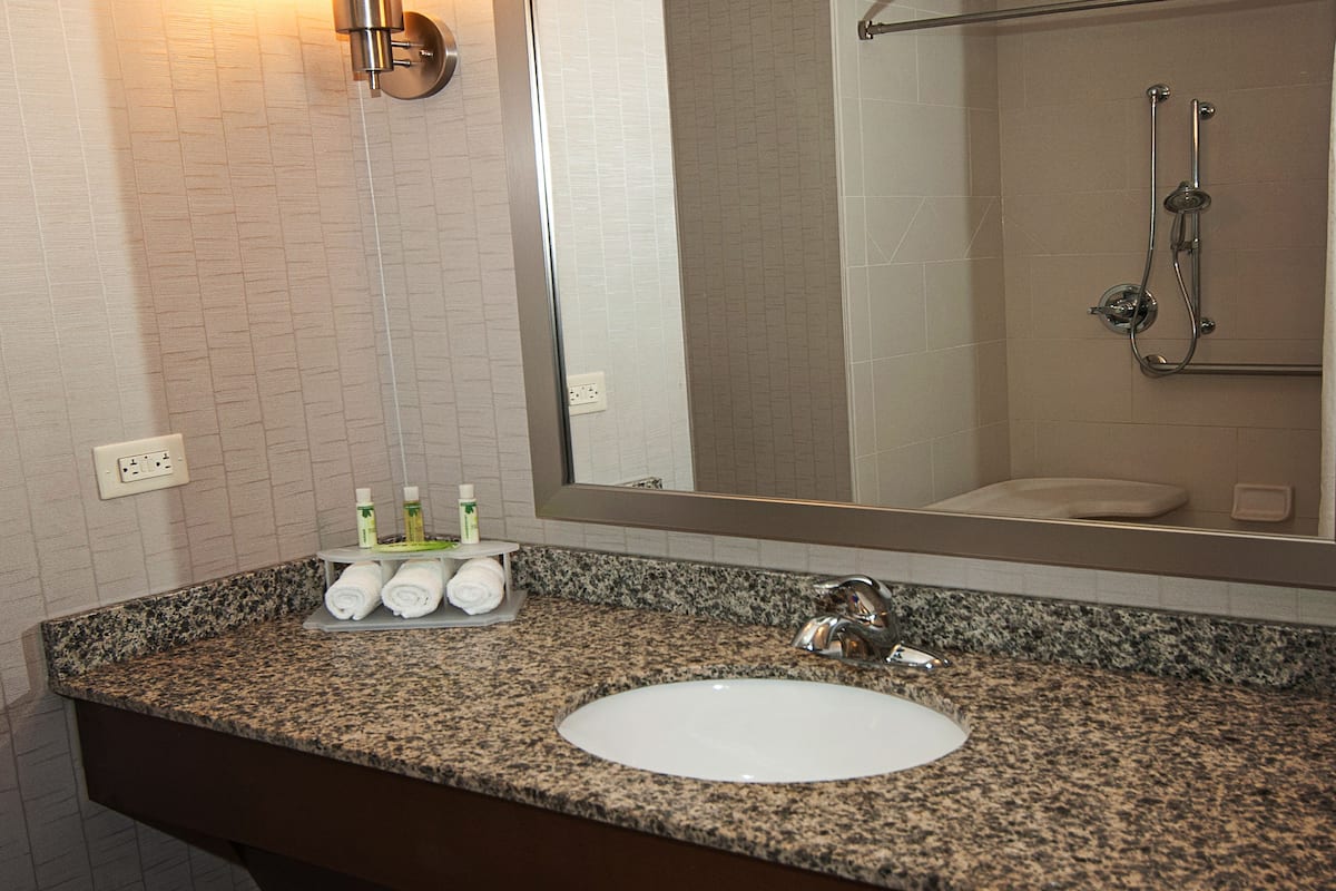 Baño con encimera de granito, lavabo blanco y un espejo grande. Hay toallas y artículos de aseo en una bandeja.