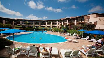 Seasonal outdoor pool, pool umbrellas, pool loungers