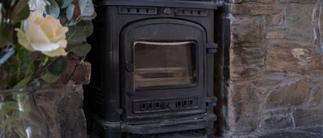 A stone fireplace with a wood-burning stove, a firebox, and a fireguard.