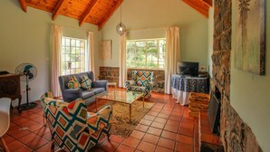 A cozy living room with a high wooden ceiling, a stone fireplace, and a television on a table. - SpionKop Lodge (Ladysmith)