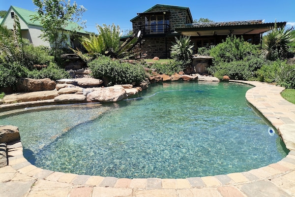 Piscina a l'aire lliure, para-sols i gandules
