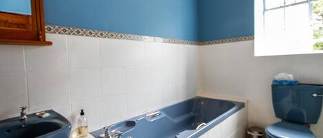 A bathroom with a blue bathtub, a sink, and a toilet.