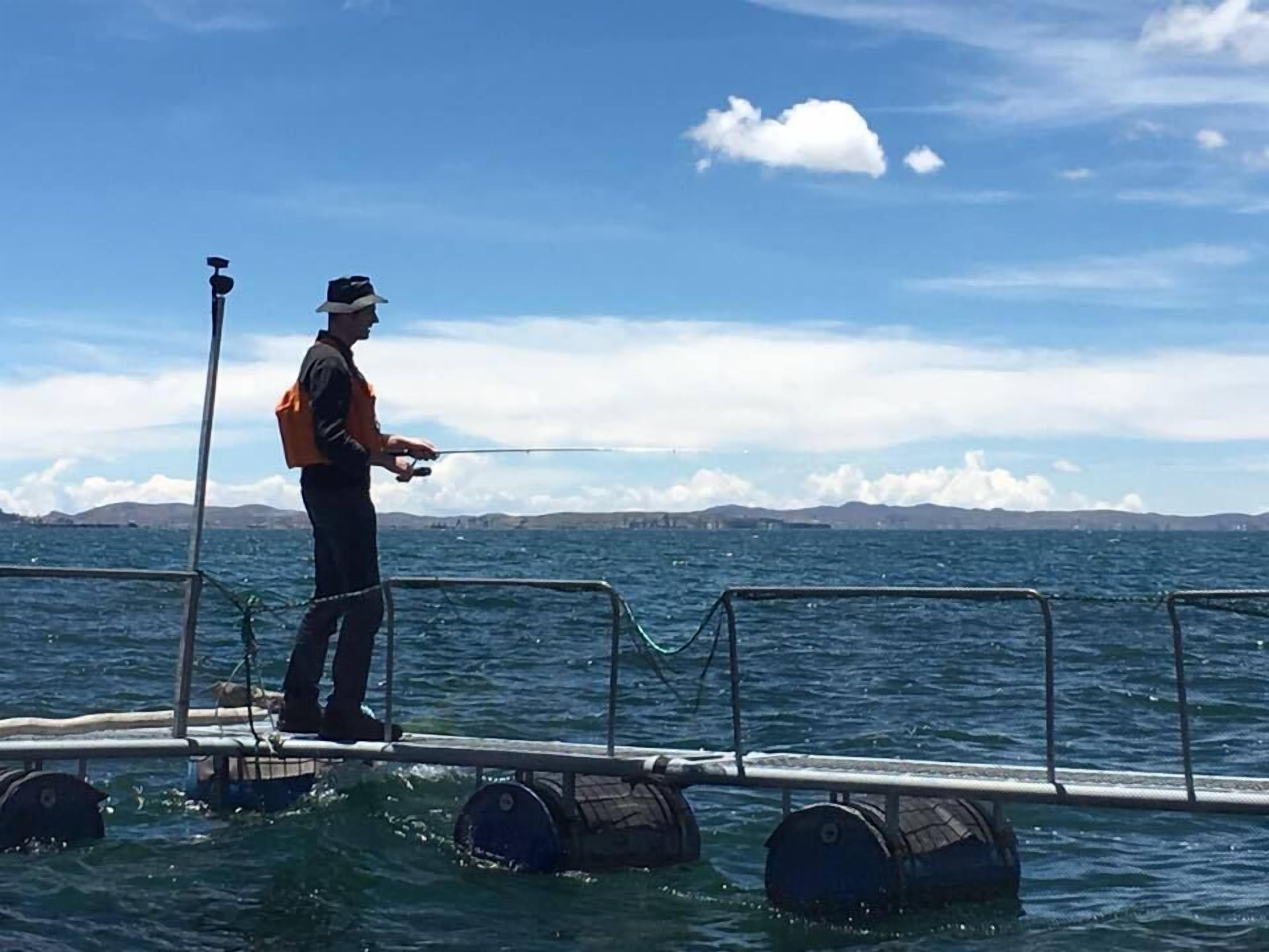 A person standing on a floating platform with fishing rods, surrounded by water and distant mountains.