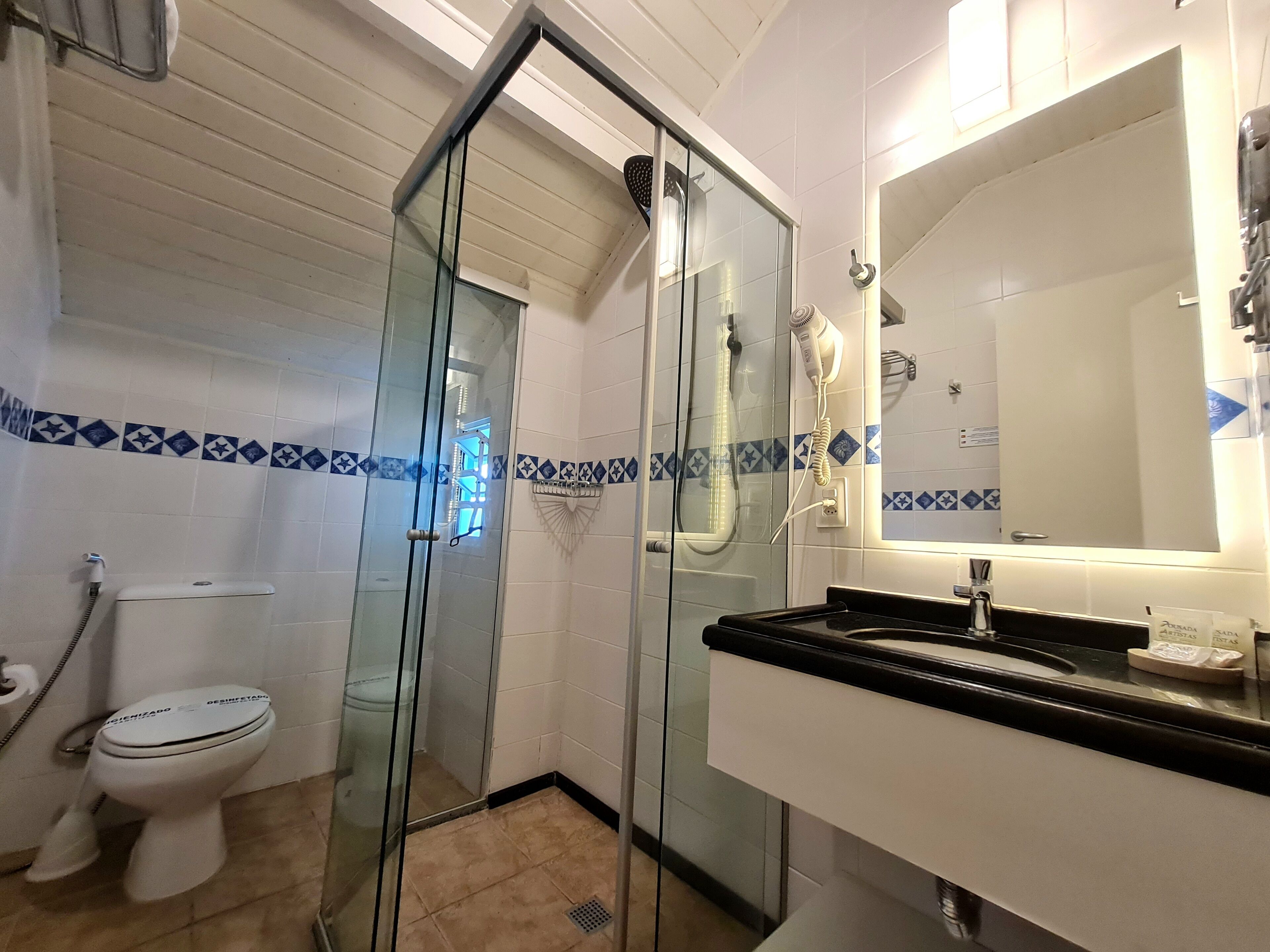 A bathroom with a glass-enclosed shower, a toilet, and a sink with a mirror above it.
