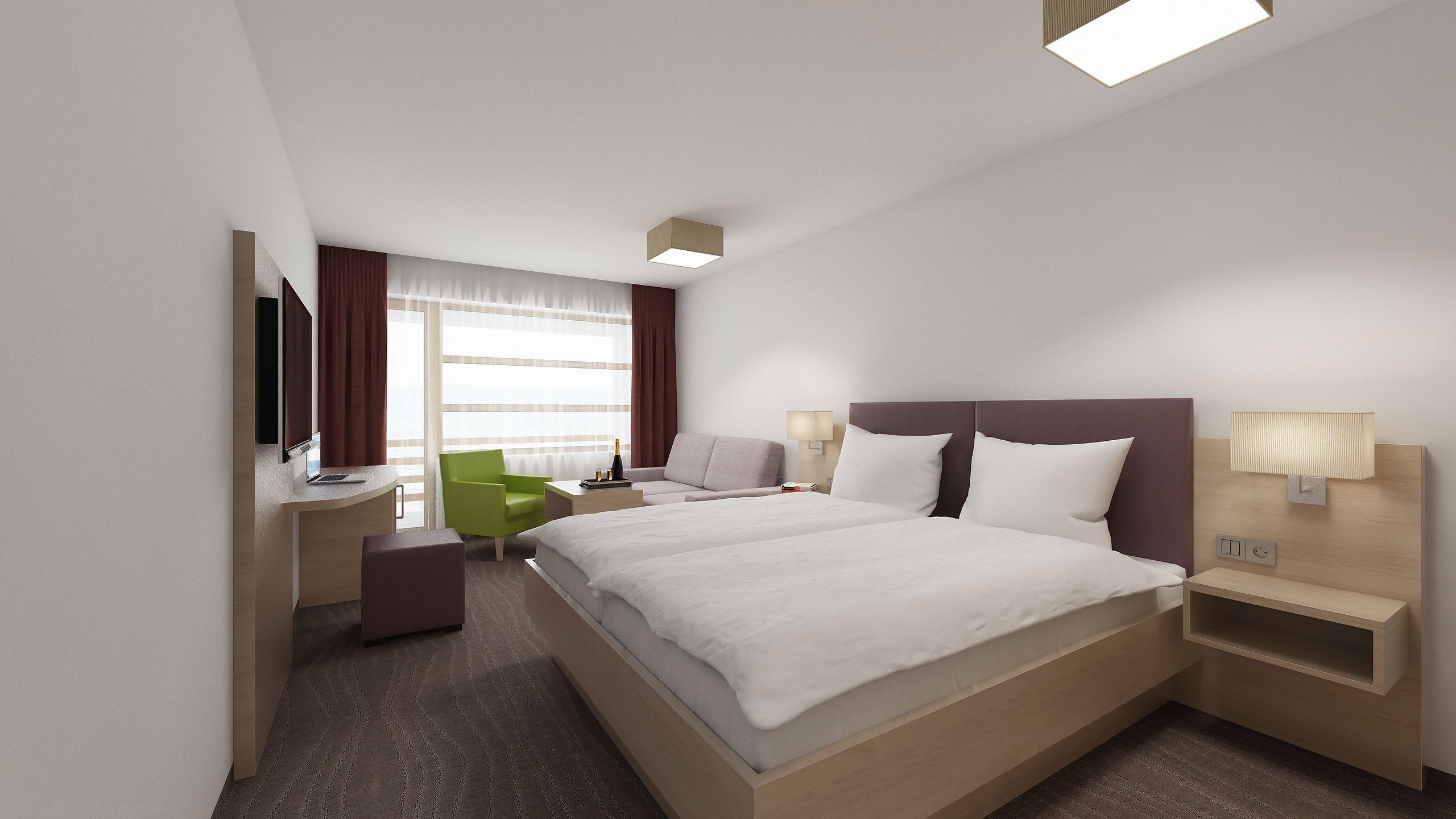 A modern hotel room with a large bed, a desk, a chair, and a TV.
