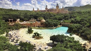 A large outdoor swimming pool surrounded by lush greenery and a historic building in the background.