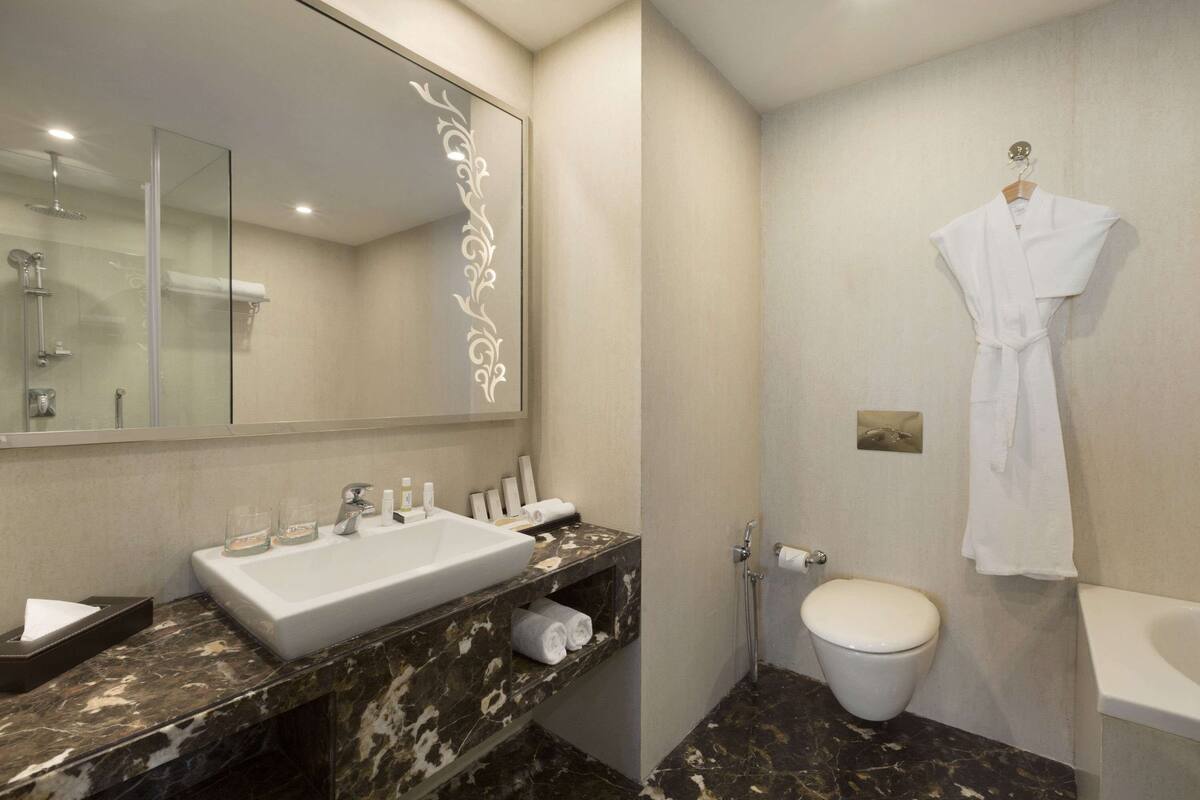 Une salle de bain avec un grand miroir, un lavabo, des toilettes et une robe accrochée au mur.
