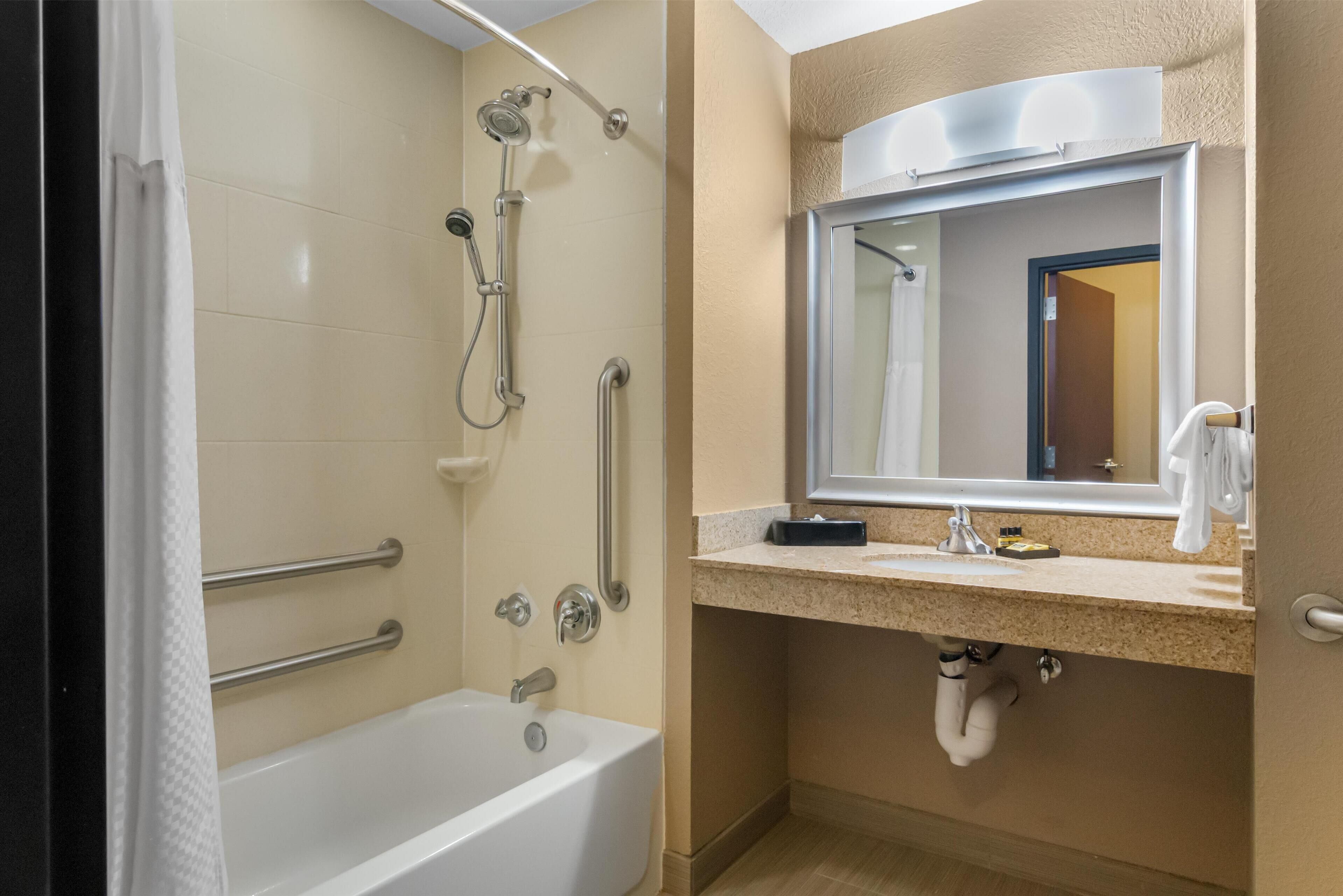 free toiletries, hair dryer, towels