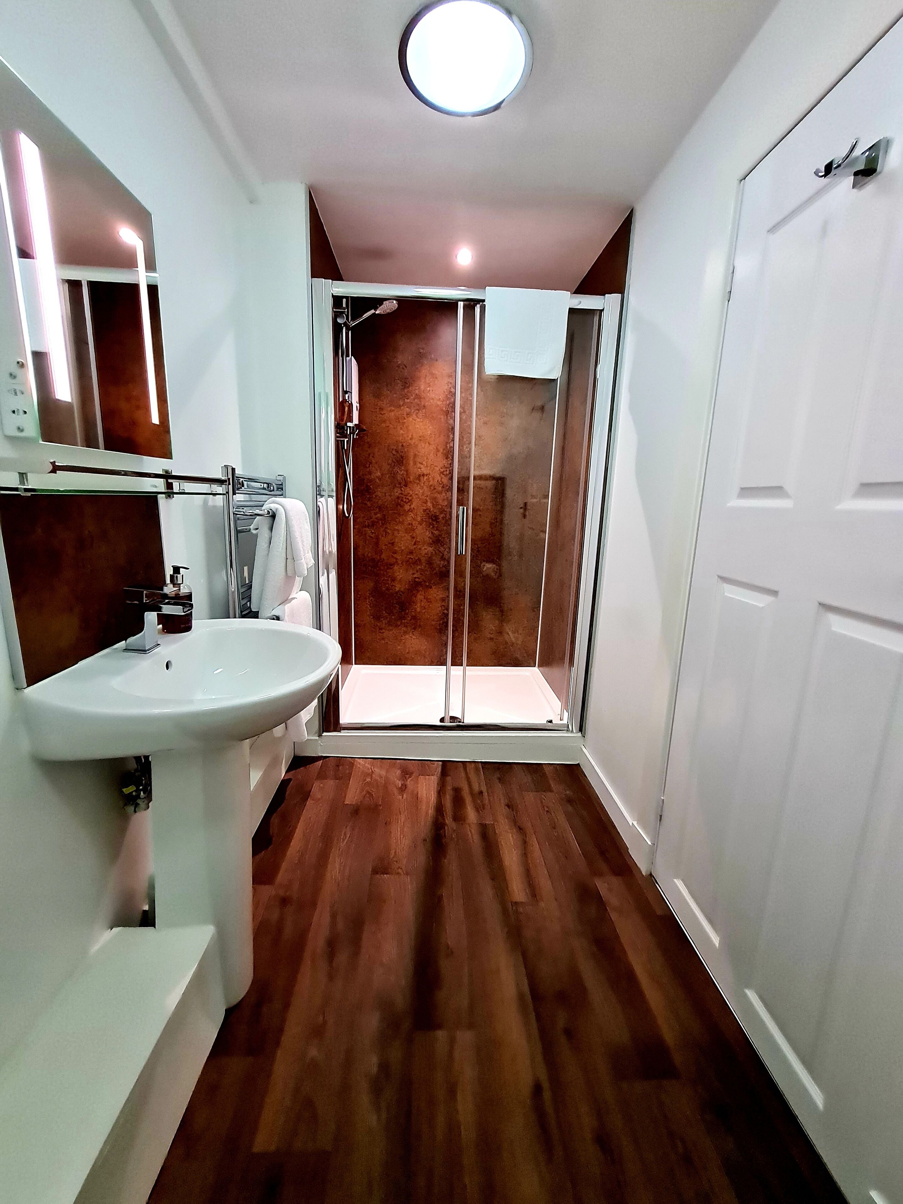 shower, free toiletries, hair dryer, towels