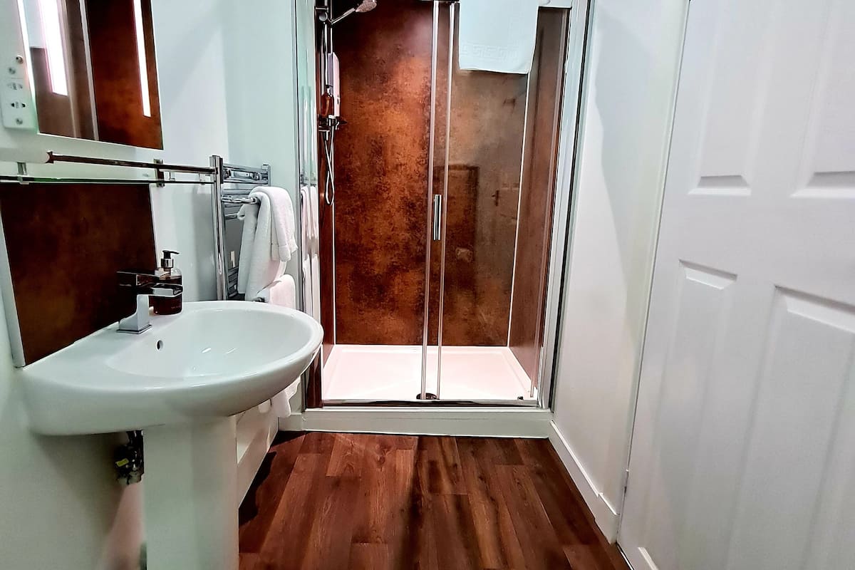 shower, free toiletries, hair dryer, towels