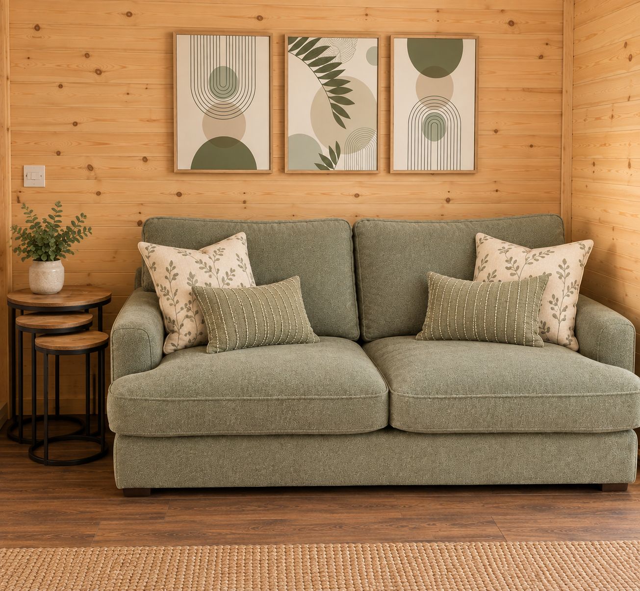 A green sofa with patterned cushions, a small wooden side table with a plant, and three abstract wall art pieces.