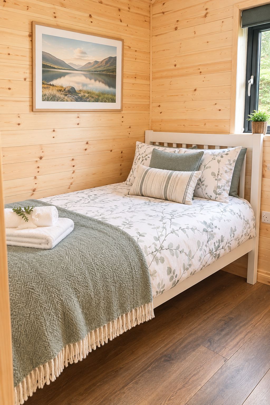 Een slaapkamer in een houten hutje, met een bed, kussens, een deken en een lijst met een landschapsfoto aan de muur.