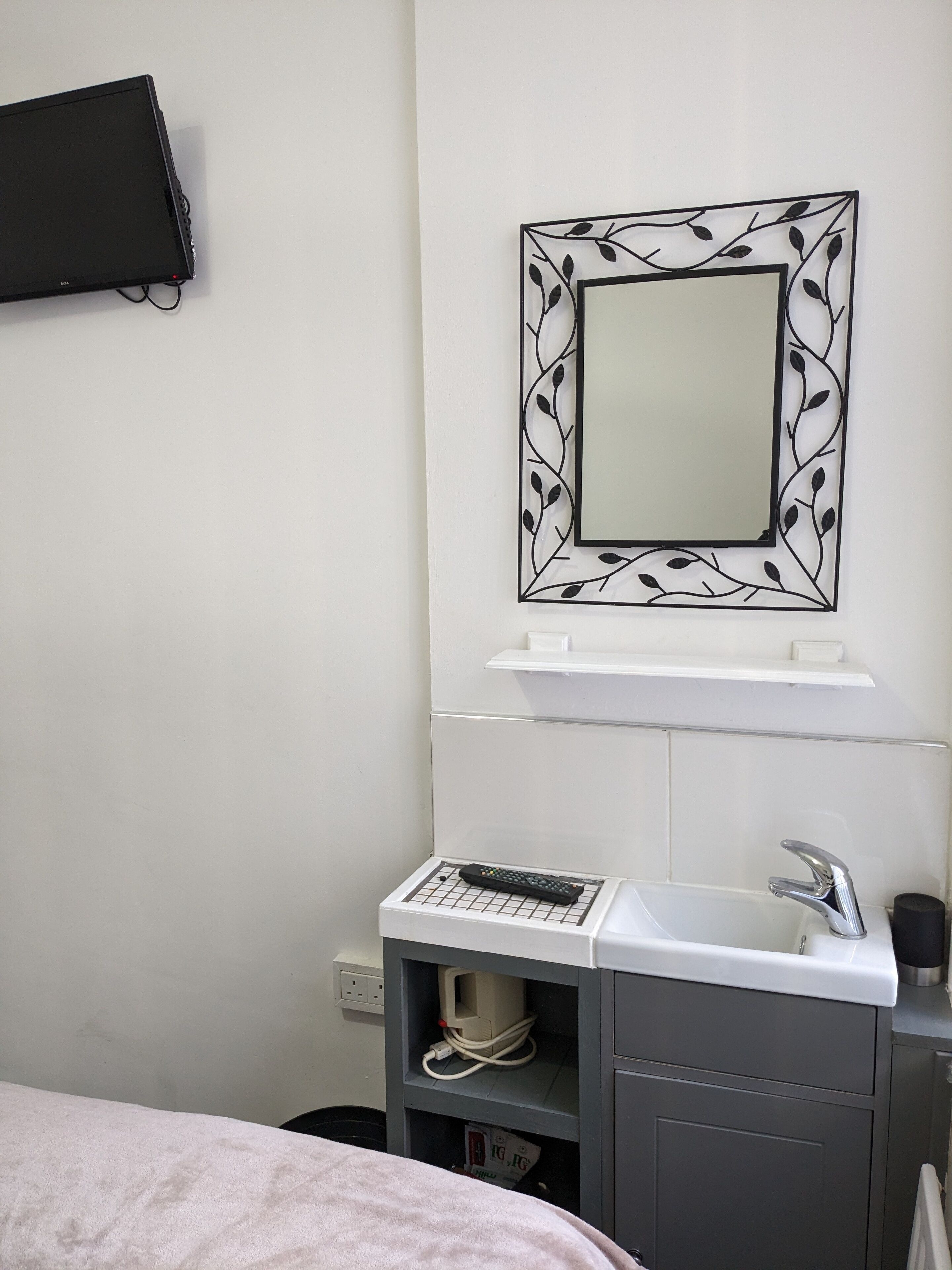 A bathroom with a white sink, a mirror with a leaf pattern frame, a black remote control on the counter, and a grey cabinet below.