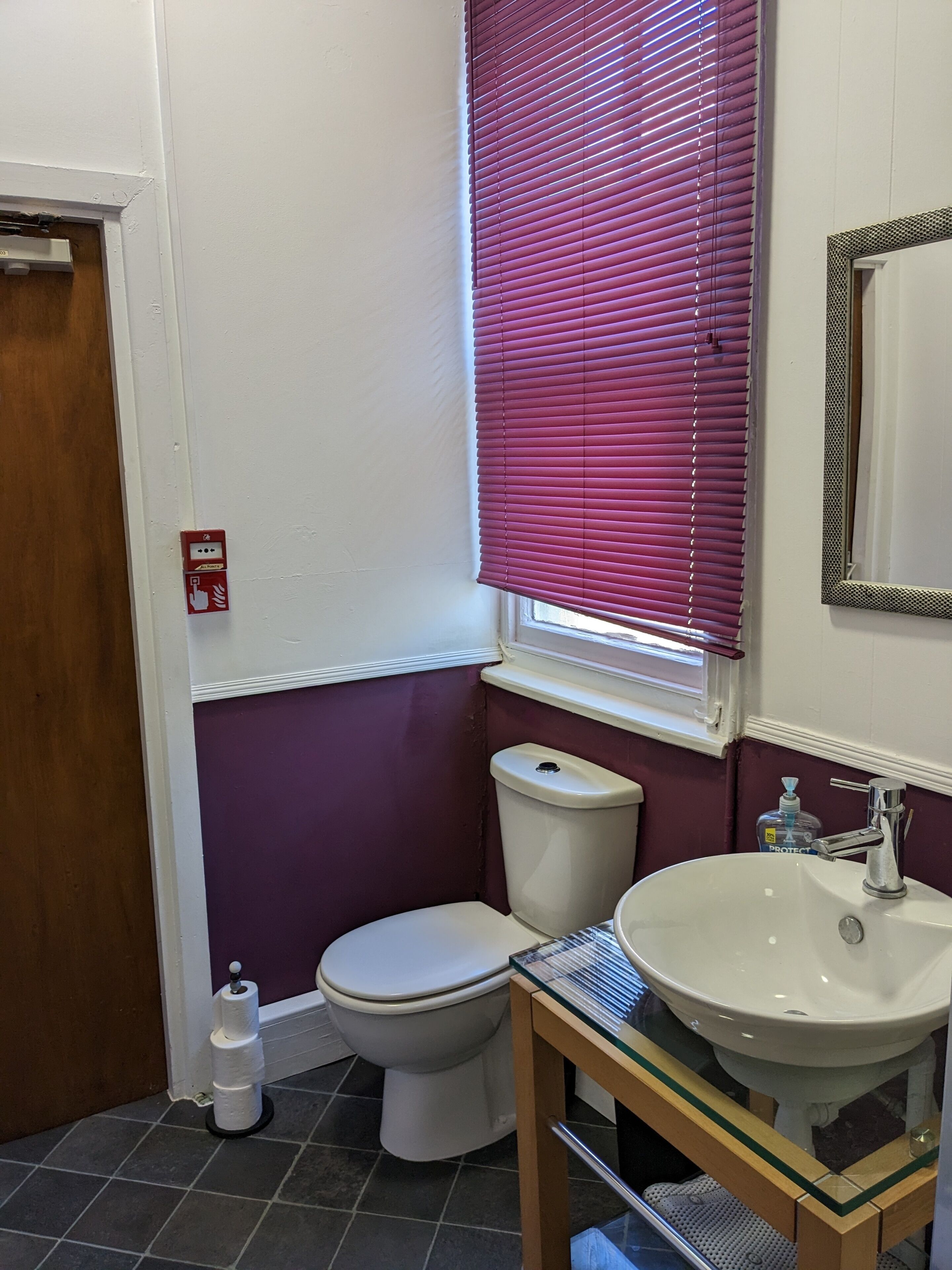 A bathroom with a toilet, sink, and window with blinds.