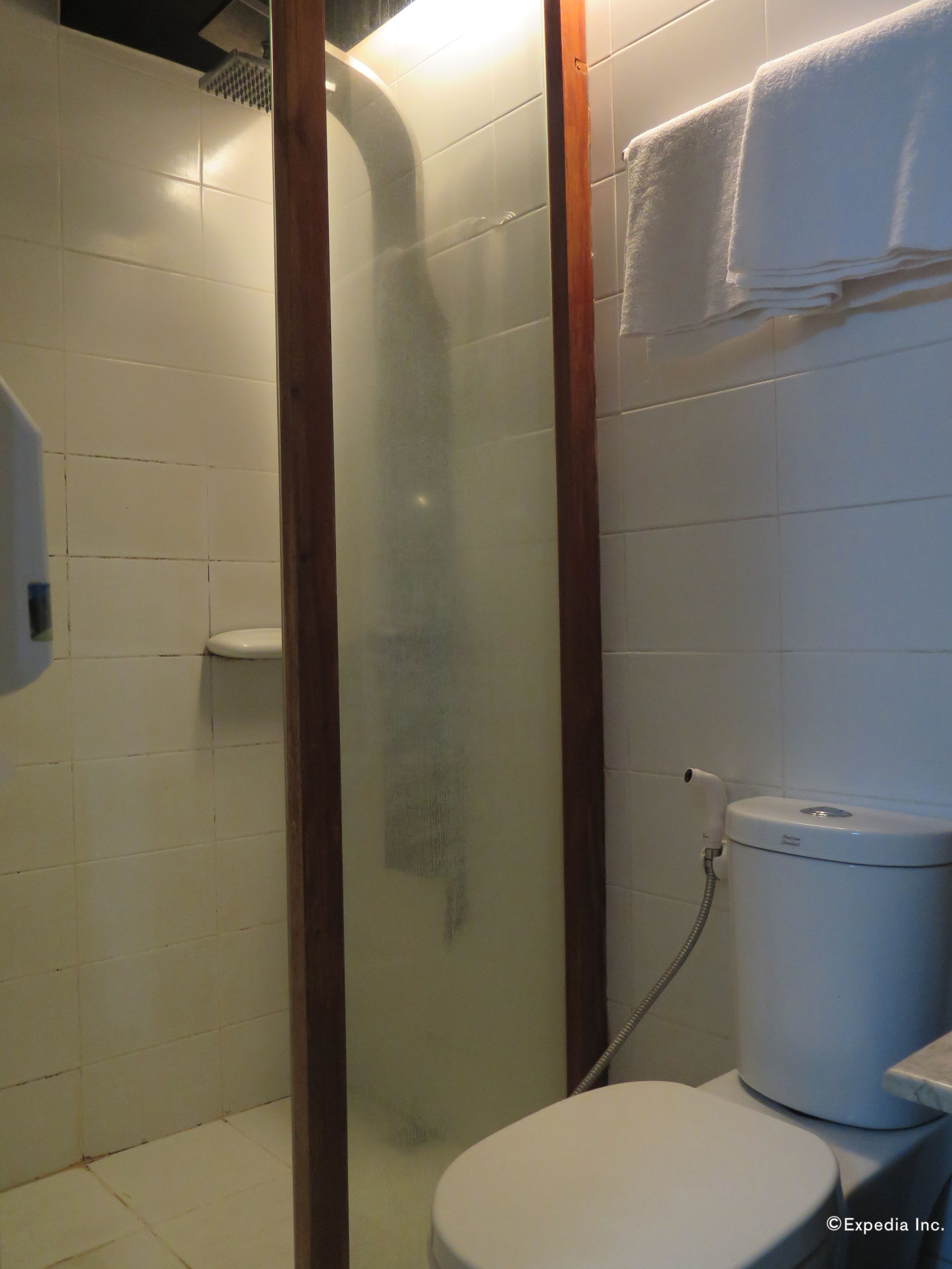 A bathroom with a toilet, a shower enclosure, and a towel rack.