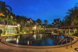 Outdoor pool, pool umbrellas, pool loungers