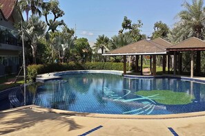 Outdoor pool, pool umbrellas, pool loungers