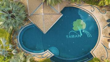 Outdoor pool, pool umbrellas, pool loungers
