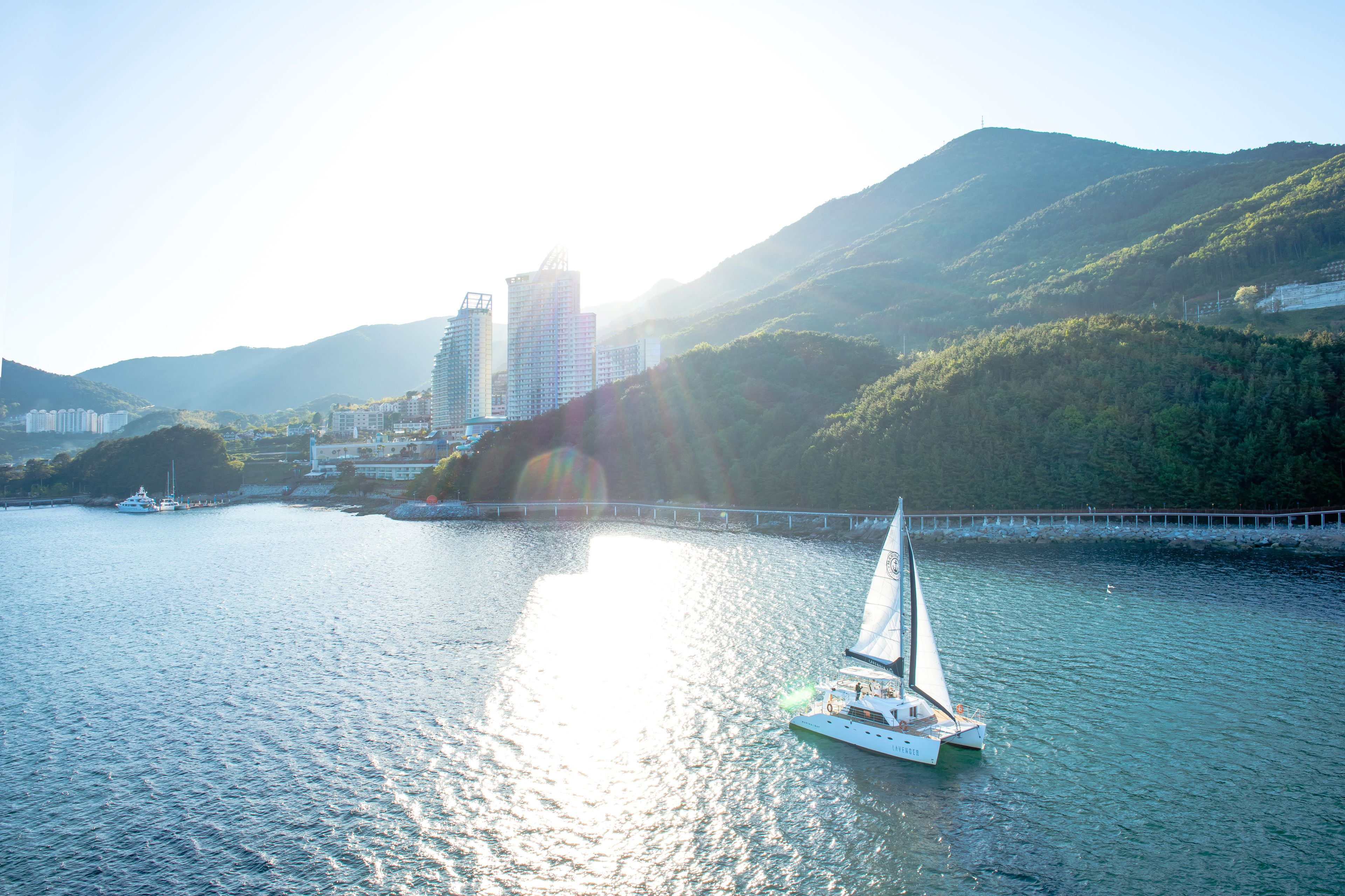 A sailboat on a calm body of water with a cityscape and hills in the background.