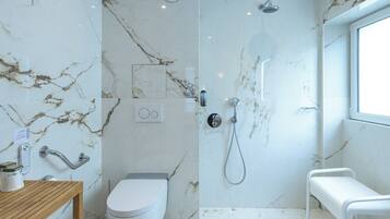 A modern bathroom with a shower, toilet, and bench.